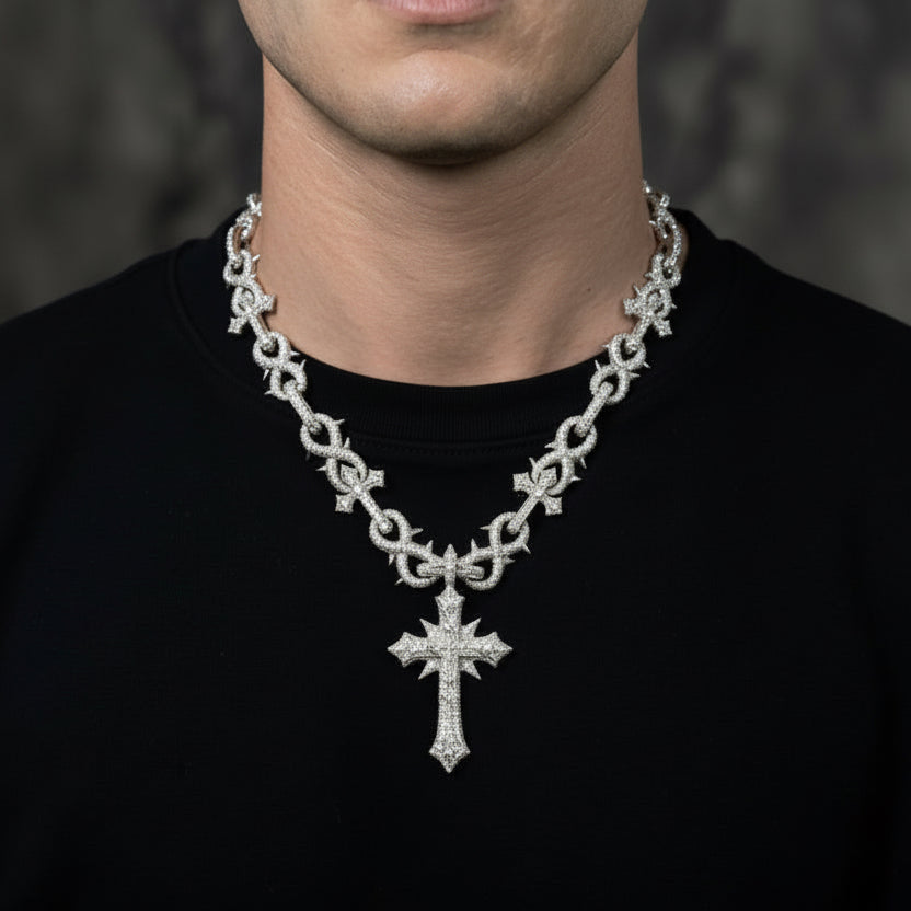 VVS Moissanite &amp; S925 Thorn Chain with Oversized Cathedral Cross 10mm