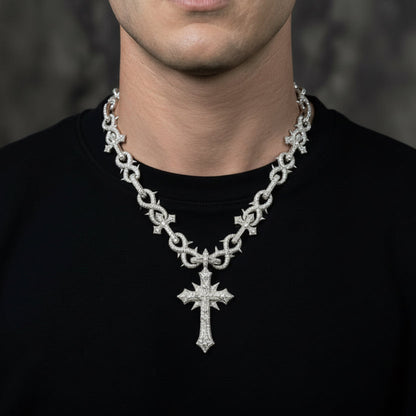VVS Moissanite &amp; S925 Thorn Chain with Oversized Cathedral Cross 10mm