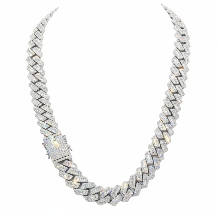 18mm VVS Moissanite Baguette Cuban Link Chain - Solid 925 Sterling Silver