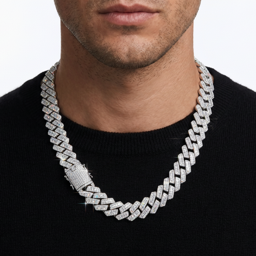 18mm VVS Moissanite Baguette Cuban Link Chain - Solid 925 Sterling Silver